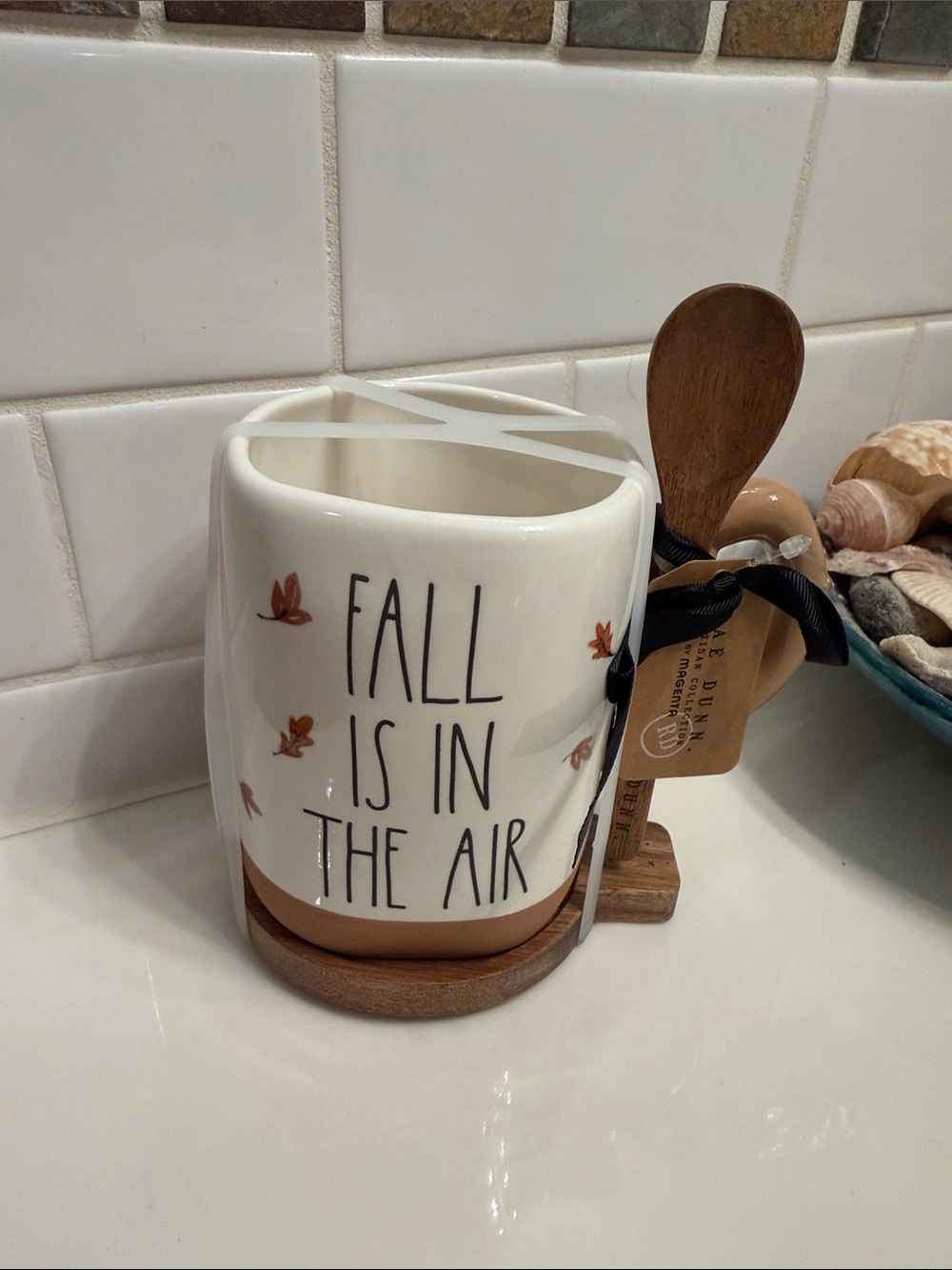 Rae Dunn White and Brown 'Fall Is In The Air' Ceramic Mug with spoon and coaster
